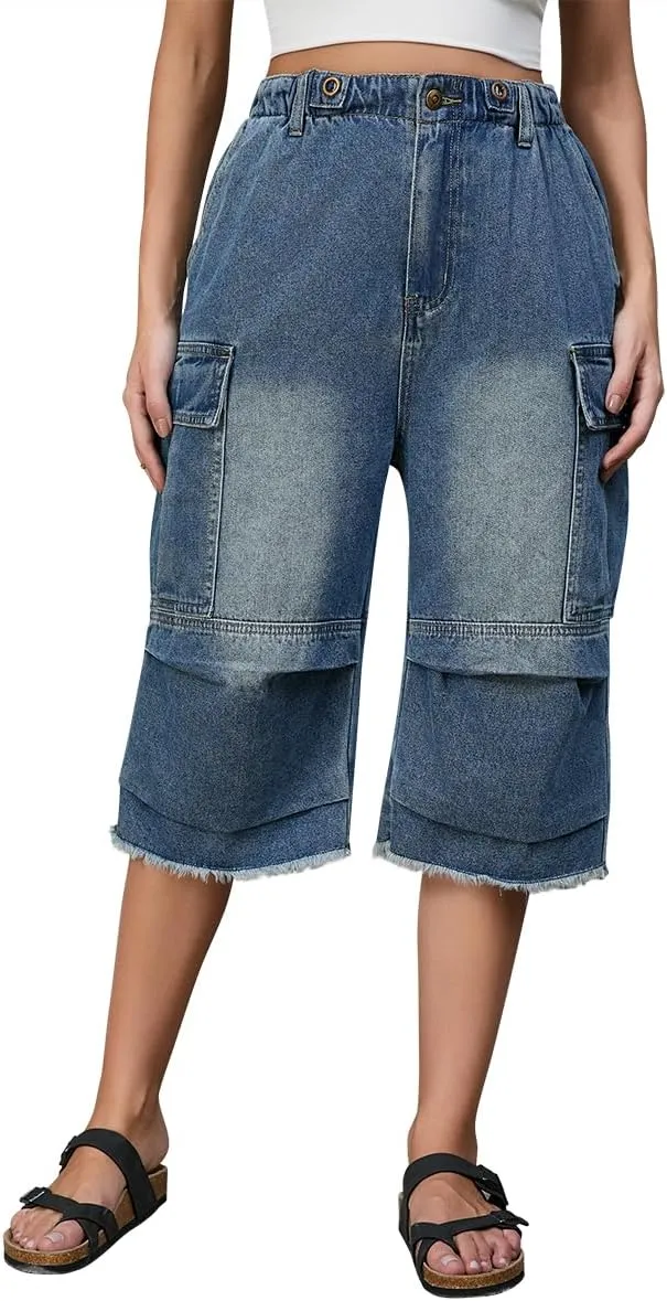 Women's High Waist Capri Jeans, Unisex Camo Denim Stretchy Waistband Multi Pockets Baggy Cargo Capris Pants for Hiking