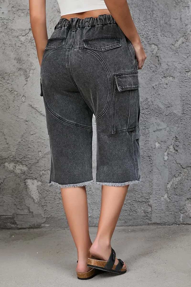 Women's High Waist Capri Jeans, Unisex Camo Denim Stretchy Waistband Multi Pockets Baggy Cargo Capris Pants for Hiking