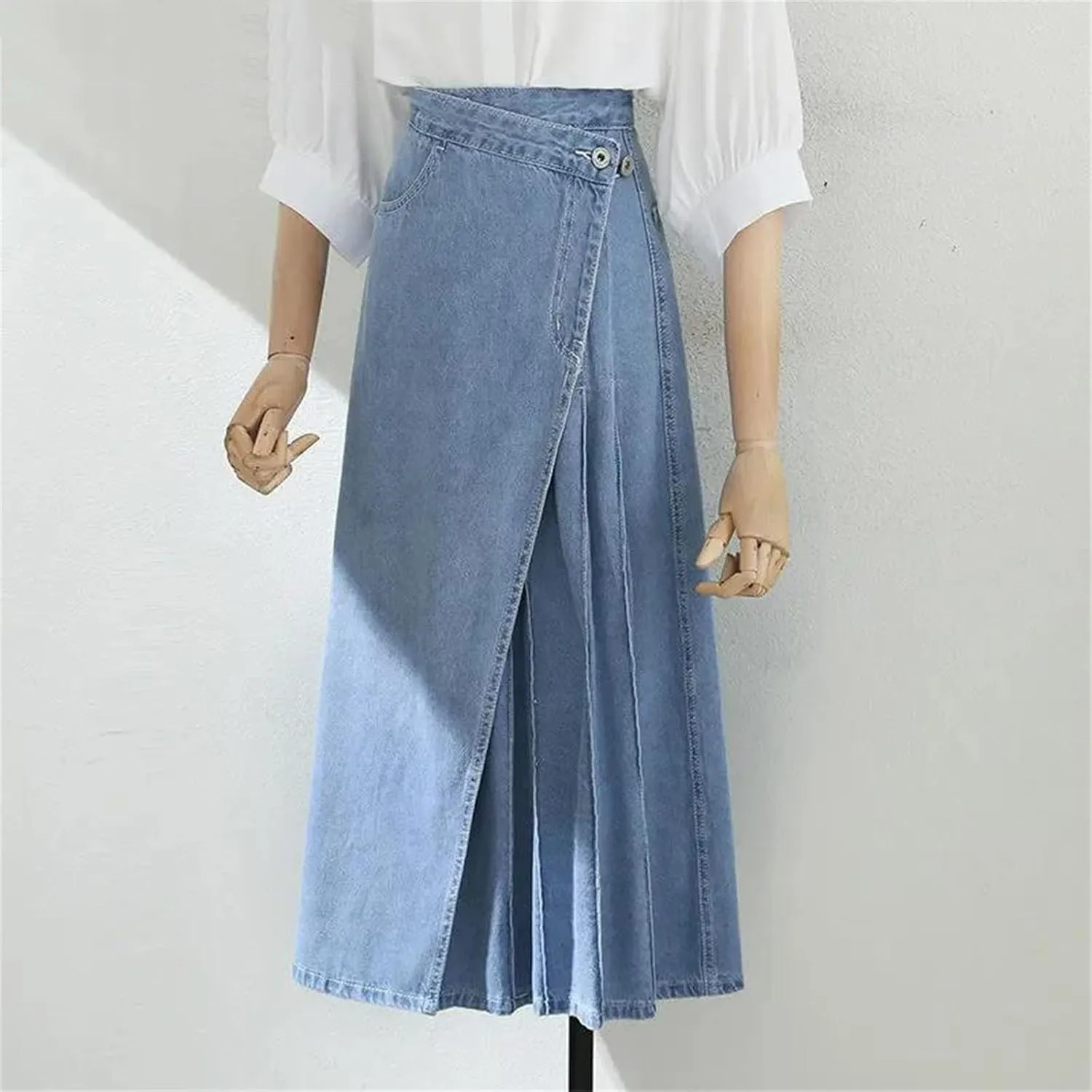 Womens High Waist Irregular Pleated Baggy Denim Skirt Korean Fashion Streetwear Loose A Lined Jean Skirts