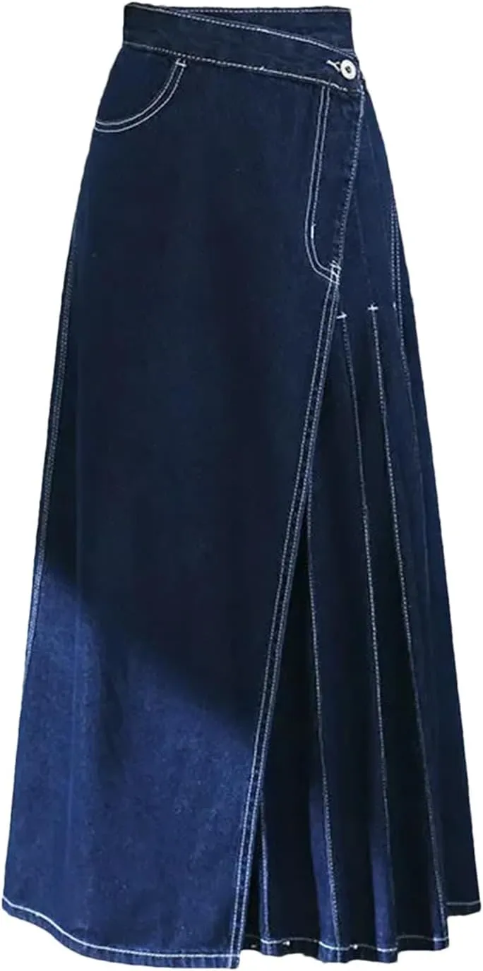 Womens High Waist Irregular Pleated Baggy Denim Skirt Korean Fashion Streetwear Loose A Lined Jean Skirts