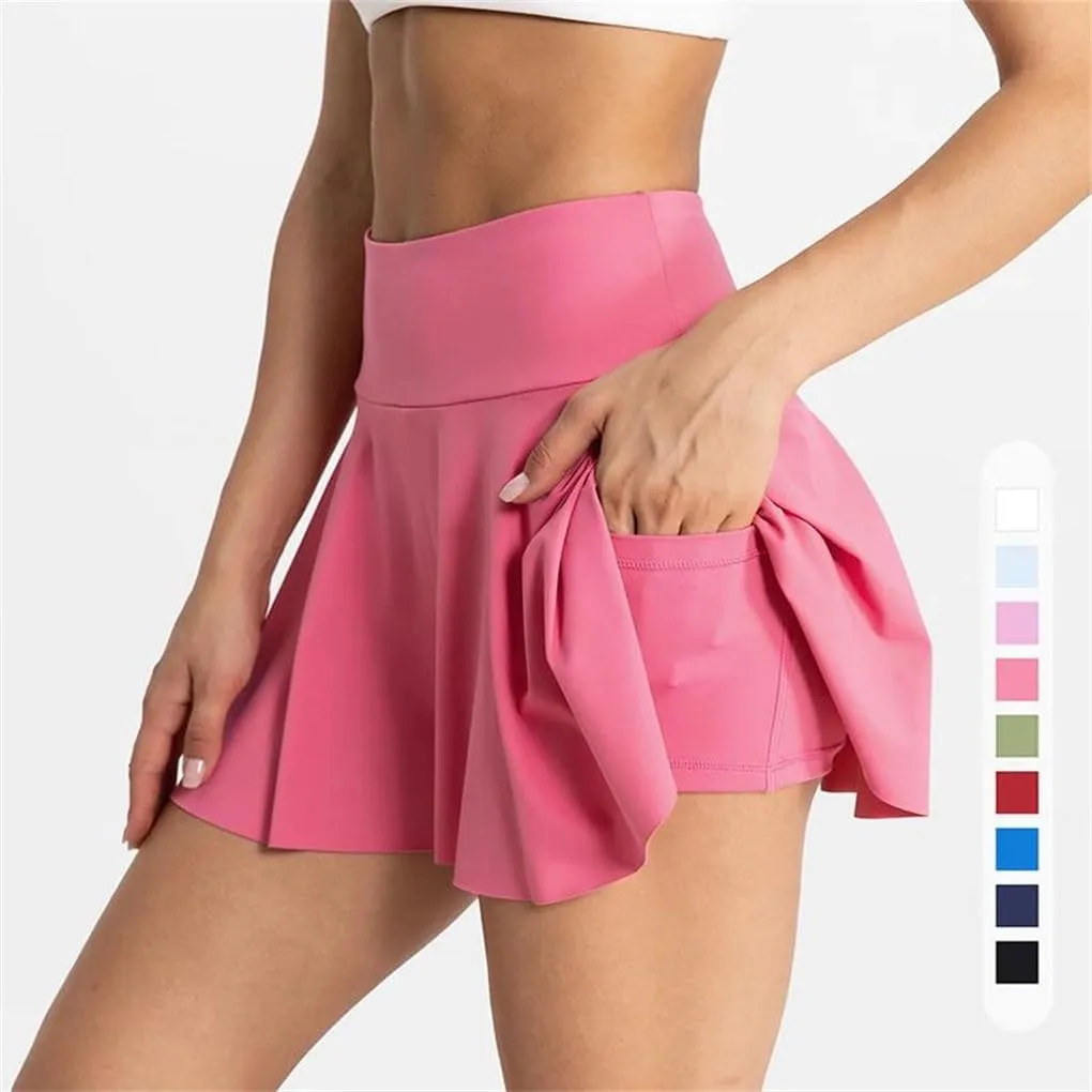 Women's High Waist Solid Color Tennis Sports Skirt Yoga Fitness Elastic Golf Skorts