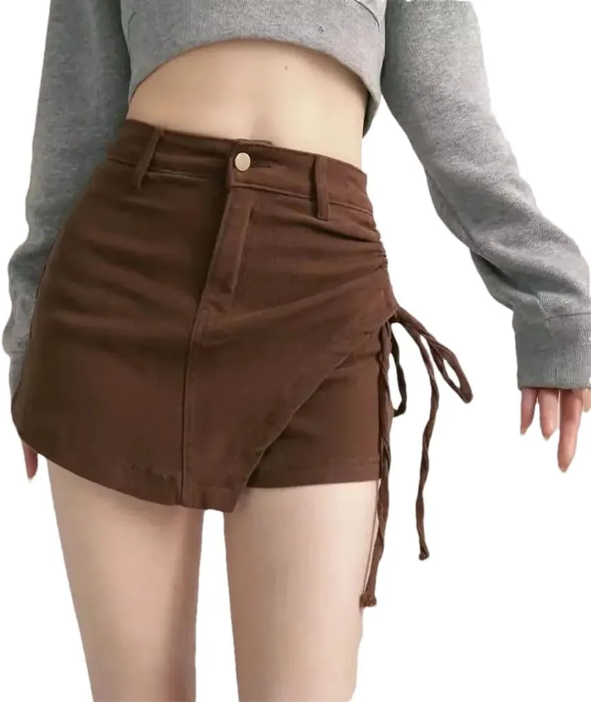 Women's High Waisted A-Line Jeans Skirt Asymmetrical Hem Lace-Up Shorts Style Mini Skirt