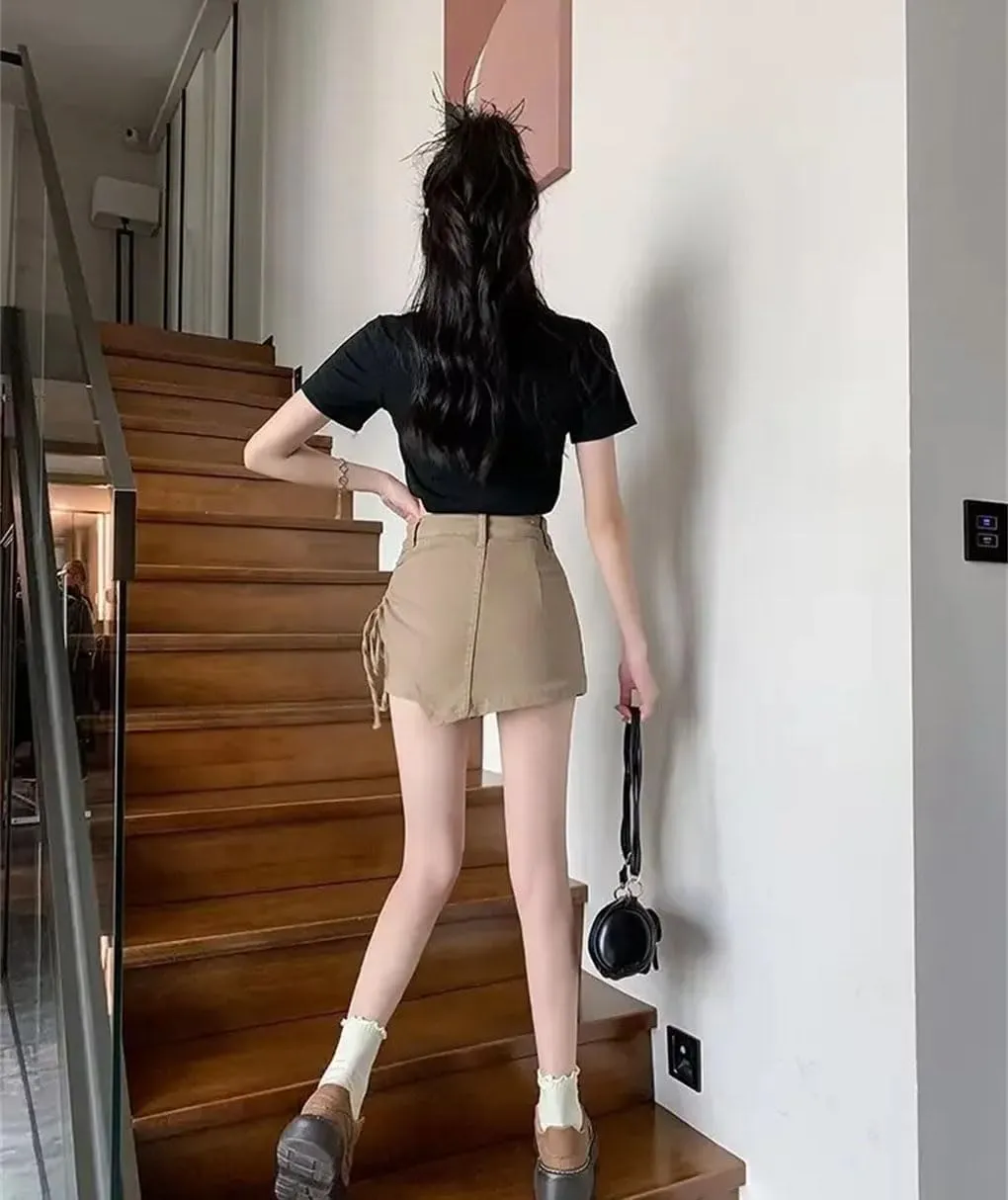 Women's High Waisted A-Line Jeans Skirt Asymmetrical Hem Lace-Up Shorts Style Mini Skirt