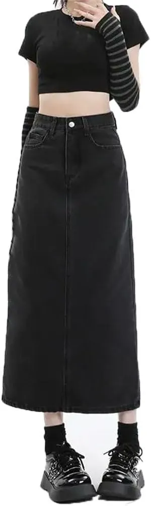 Women's High-Waisted Jean Skirt Buttons Split Slimming Half Skirts