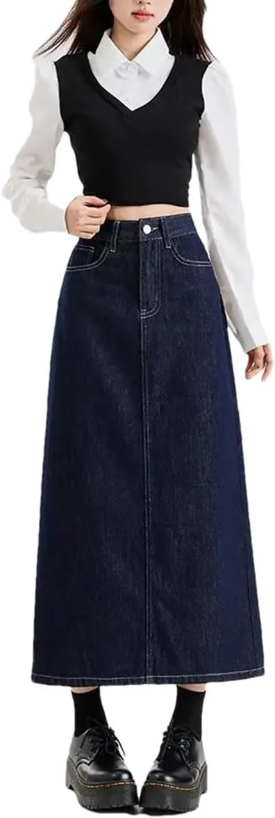 Women's High-Waisted Jean Skirt Buttons Split Slimming Half Skirts