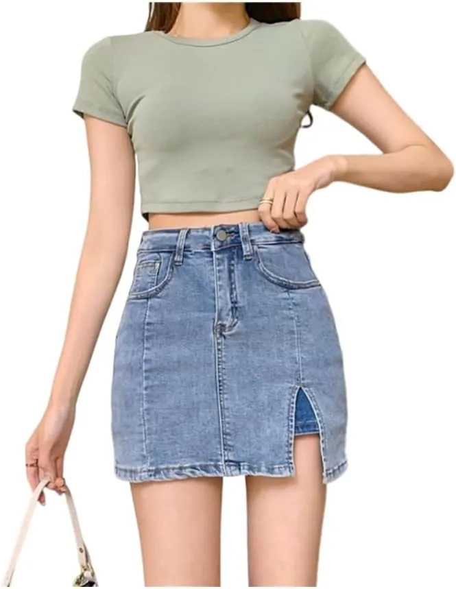 Women's High Waisted Slit Denim Short Skirts, Denim Skirt with Shorts Underneath, Jean Skirt High Waisted