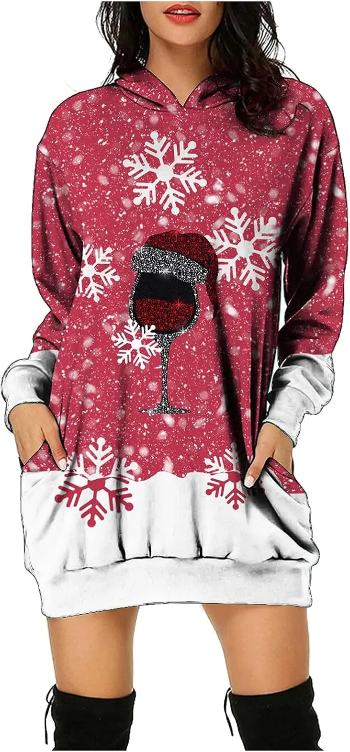 Women's Hoodies Sweatshirt Dresses Fashion Christmas Print Casual Loose Long Sleeve Pullover Jumper Plus Size