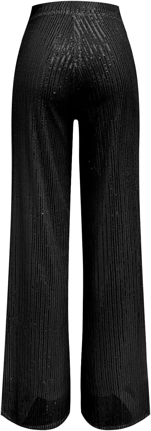 Women's Joggers Pants Pockets Women's High Waisted Sequin Loose Drape Wide Leg Pants Fashion Party Flared Trousers
