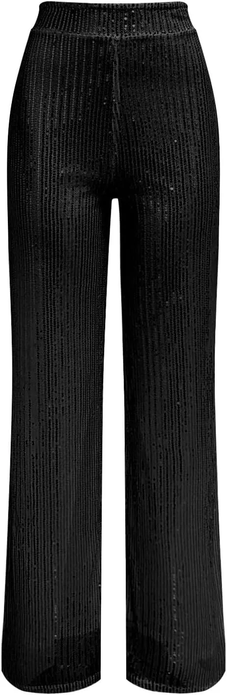 Women's Joggers Pants Pockets Women's High Waisted Sequin Loose Drape Wide Leg Pants Fashion Party Flared Trousers