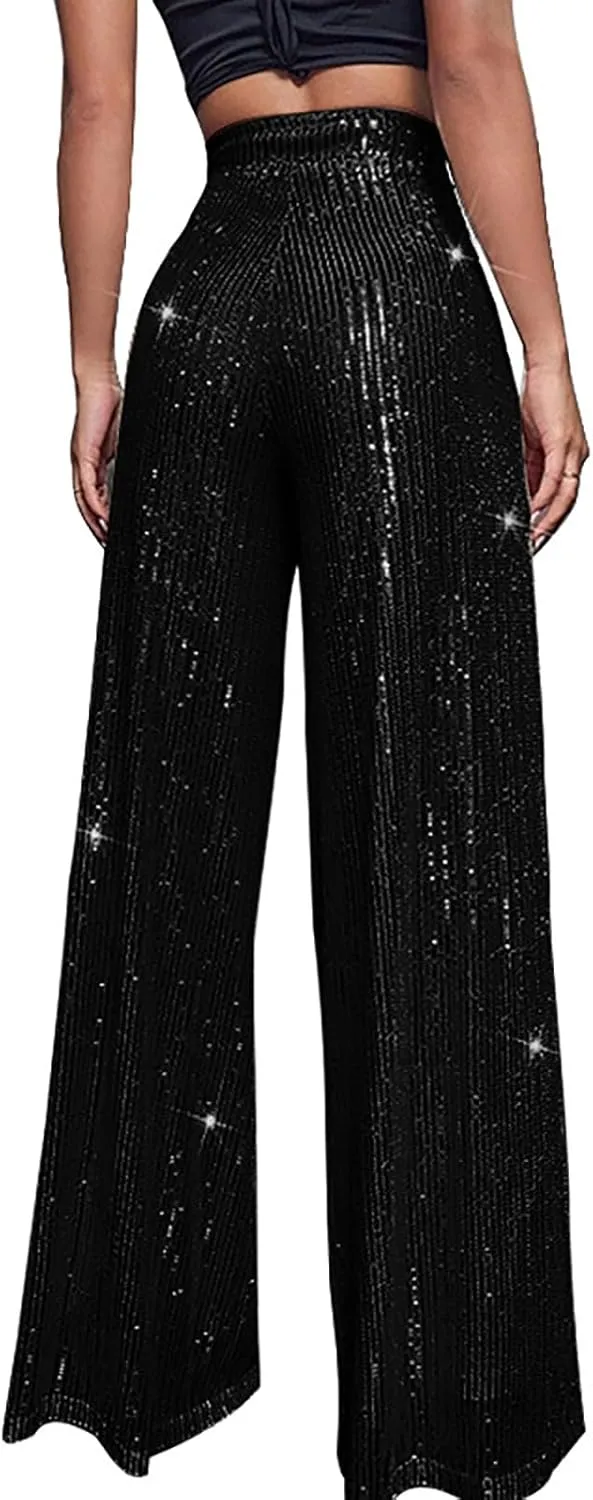 Women's Joggers Pants Pockets Women's High Waisted Sequin Loose Drape Wide Leg Pants Fashion Party Flared Trousers