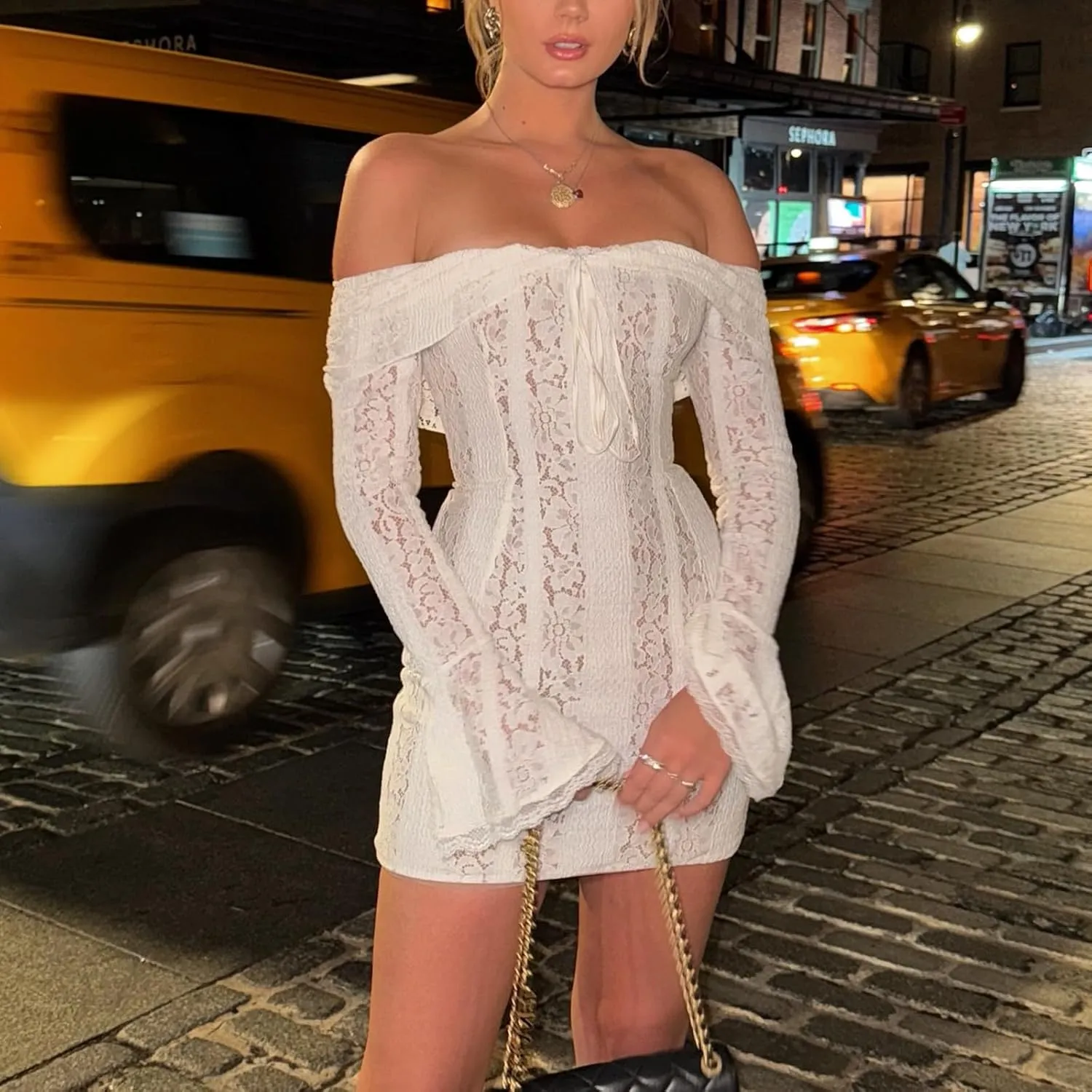 Womens Lace Floral Mini Dress y2k Off Shoulder Long Sleeve Ruffle Short Ruffles Hem Casual Bodycon Night Out Dress