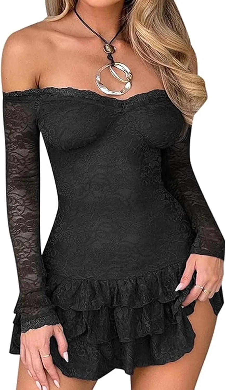Womens Lace Floral Mini Dress y2k Off Shoulder Long Sleeve Ruffle Short Ruffles Hem Casual Bodycon Night Out Dress
