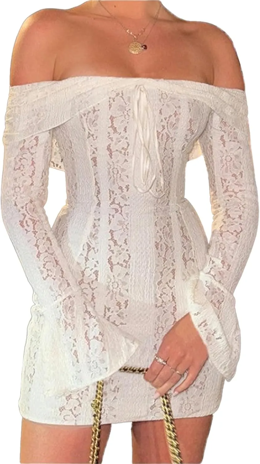 Womens Lace Floral Mini Dress y2k Off Shoulder Long Sleeve Ruffle Short Ruffles Hem Casual Bodycon Night Out Dress