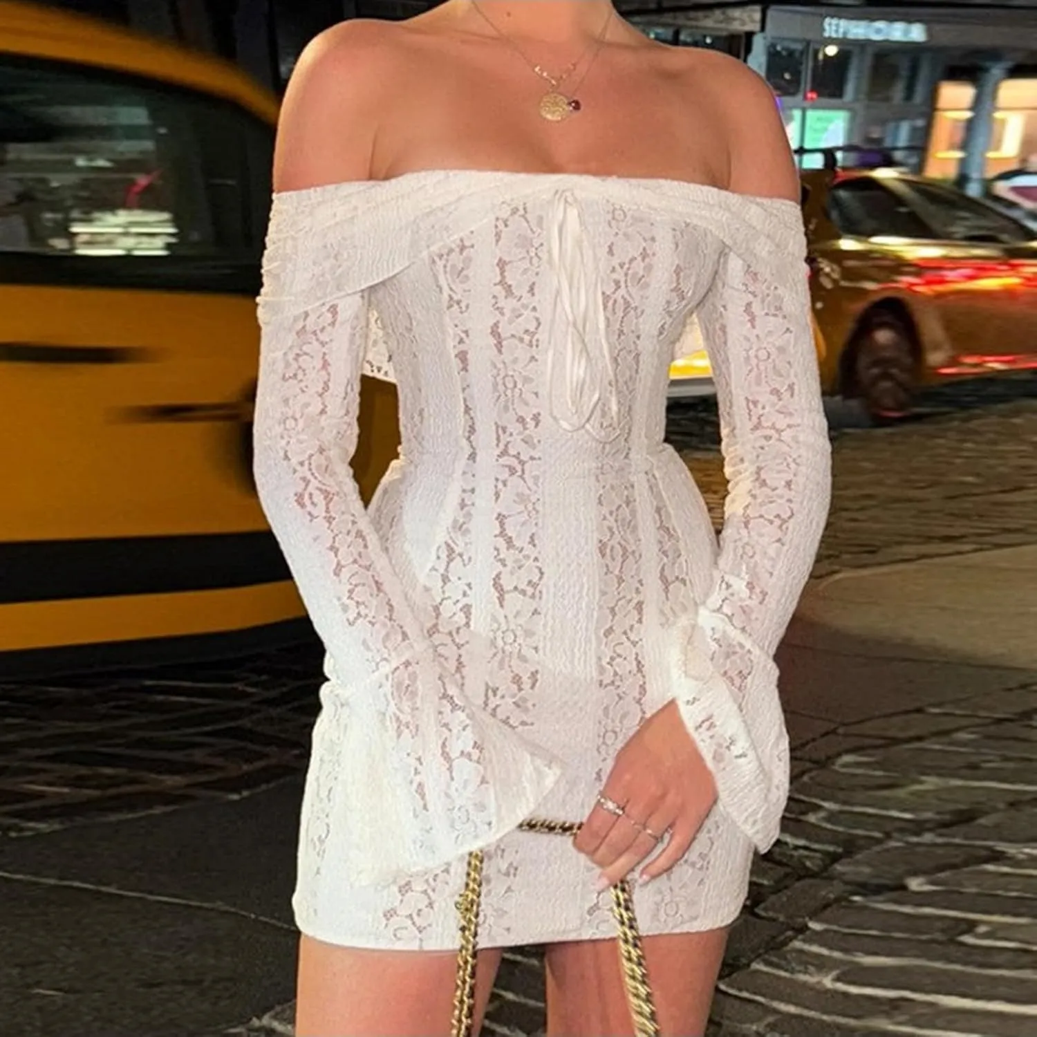 Womens Lace Floral Mini Dress y2k Off Shoulder Long Sleeve Ruffle Short Ruffles Hem Casual Bodycon Night Out Dress
