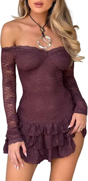 Womens Lace Floral Mini Dress y2k Off Shoulder Long Sleeve Ruffle Short Ruffles Hem Casual Bodycon Night Out Dress