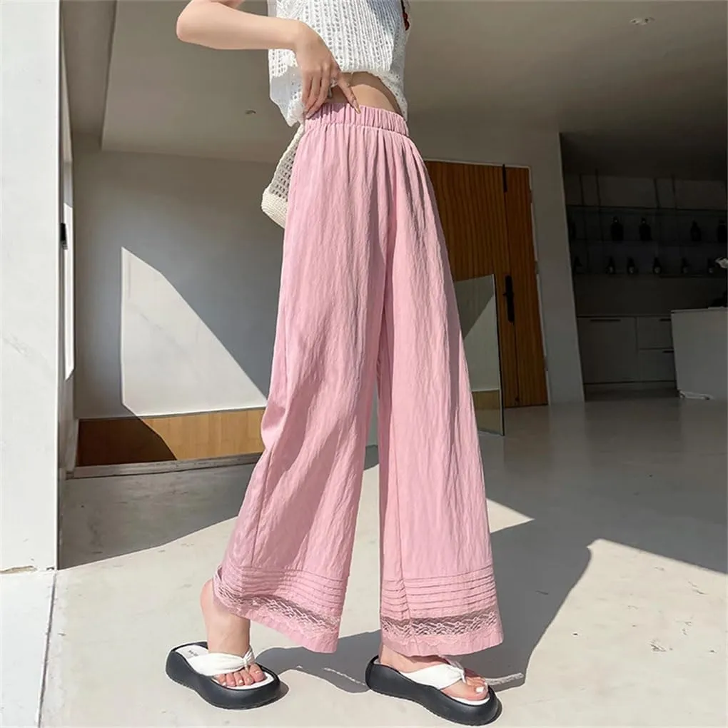 Women's Lace Patchwork Wide Leg Ankle Length Pants High Waist Straight Loose Trousers
