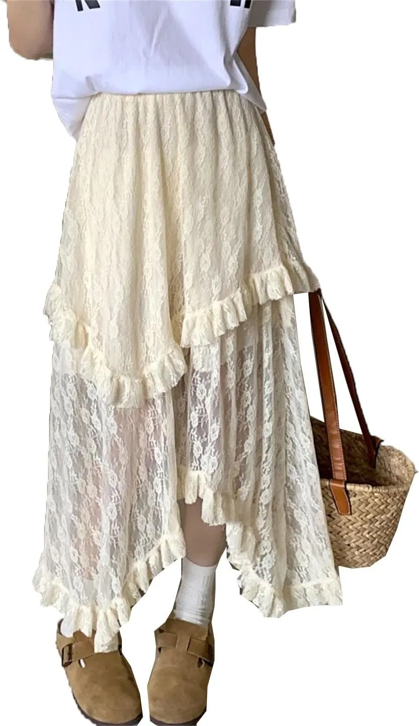Womens Lace Skirt Goth Lolita Floral High Waisted Asymmetrical Ruched Ruffle Pleated Midi Long Skirt