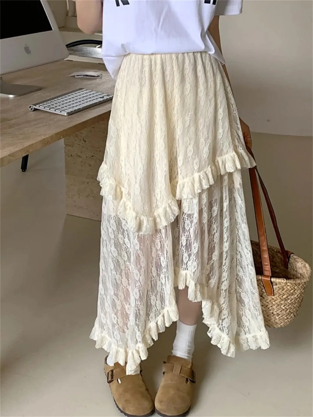 Womens Lace Skirt Goth Lolita Floral High Waisted Asymmetrical Ruched Ruffle Pleated Midi Long Skirt