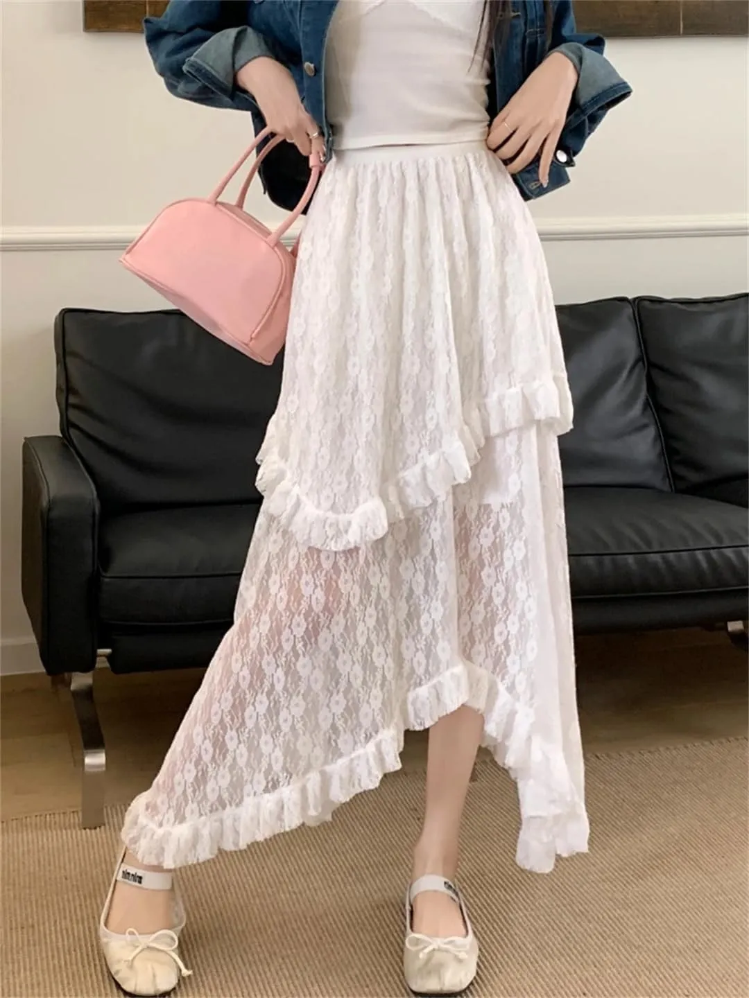 Womens Lace Skirt Goth Lolita Floral High Waisted Asymmetrical Ruched Ruffle Pleated Midi Long Skirt