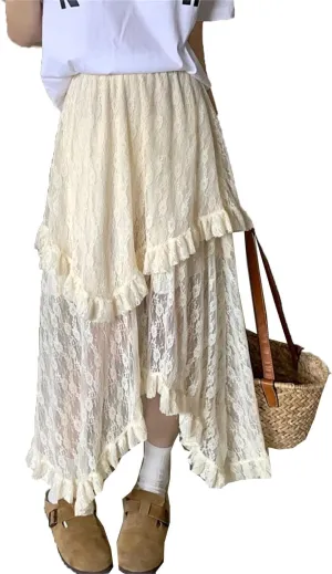 Womens Lace Skirt Goth Lolita Floral High Waisted Asymmetrical Ruched Ruffle Pleated Midi Long Skirt