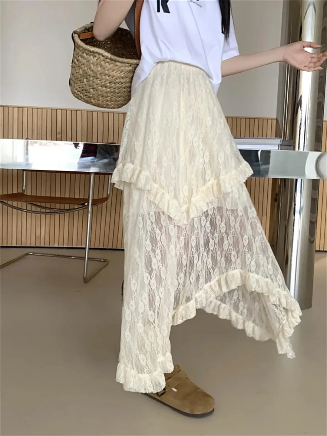 Womens Lace Skirt Goth Lolita Floral High Waisted Asymmetrical Ruched Ruffle Pleated Midi Long Skirt