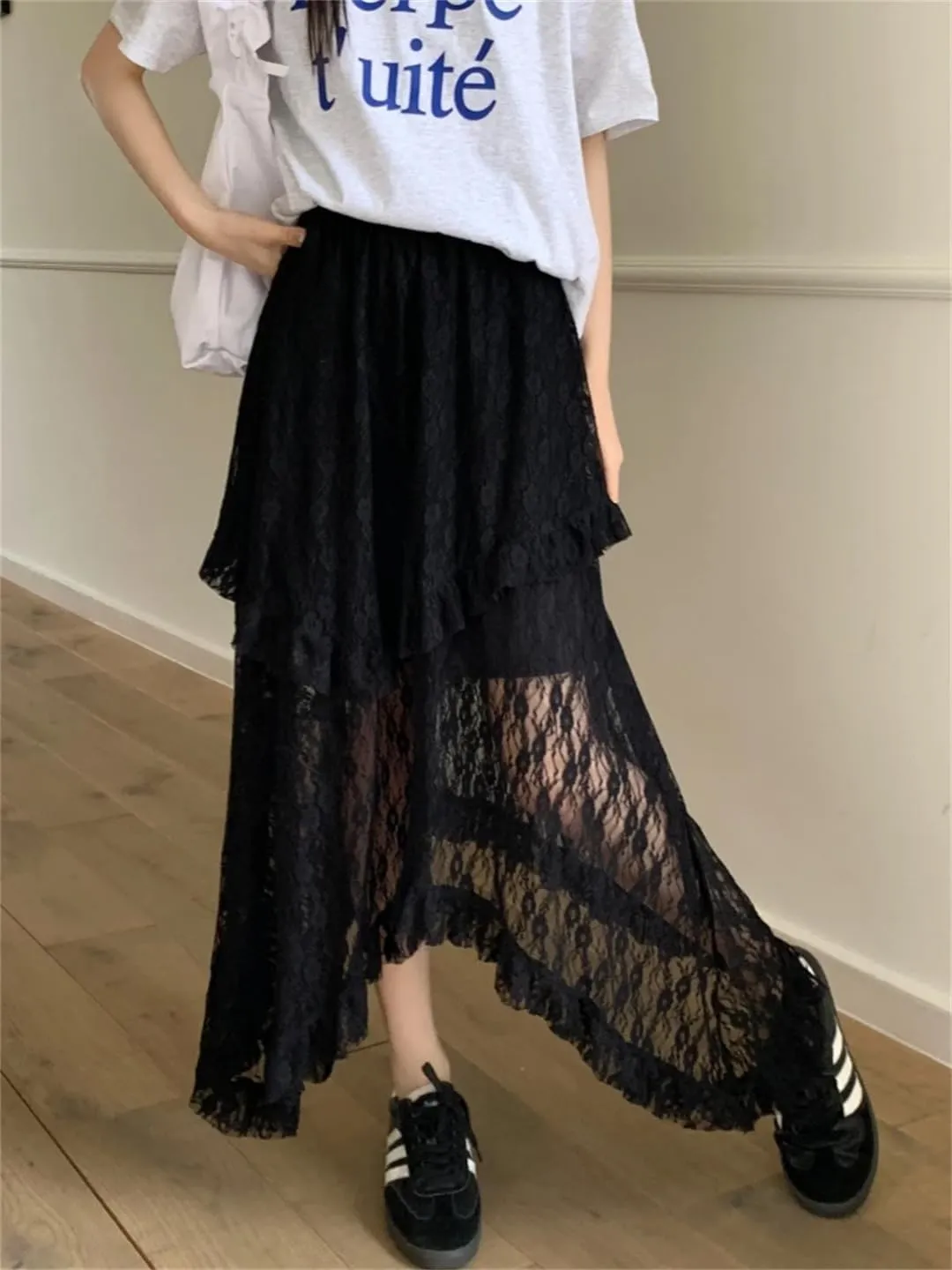 Womens Lace Skirt Goth Lolita Floral High Waisted Asymmetrical Ruched Ruffle Pleated Midi Long Skirt