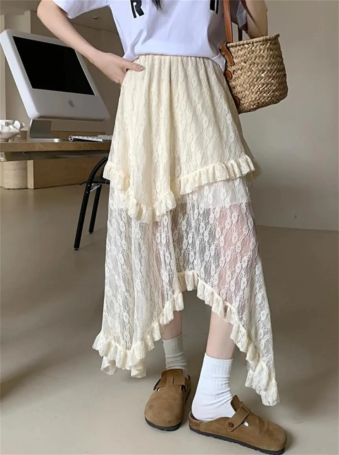 Womens Lace Skirt Goth Lolita Floral High Waisted Asymmetrical Ruched Ruffle Pleated Midi Long Skirt