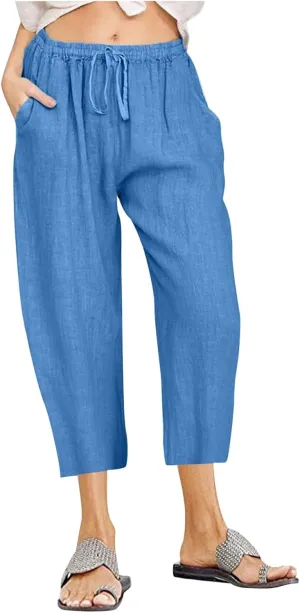 Women's Linen Capri Pants High Waisted Drawstring Wide Leg Trousers Summer Beach Casual Baggy Pants with Pockets