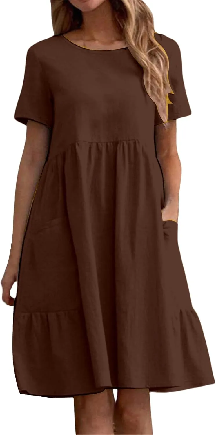Womens Linen Dress Summer Crewneck Short Sleeve Dress Casual Loose Fit T Shirt Dresses Midi Dresses with Pocket 2025
