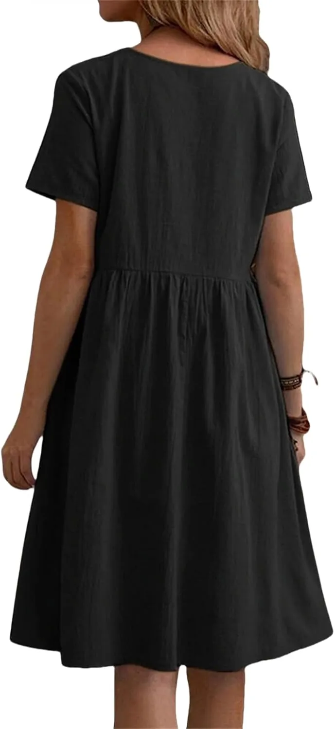 Womens Linen Dress Summer Crewneck Short Sleeve Dress Casual Loose Fit T Shirt Dresses Midi Dresses with Pocket 2025