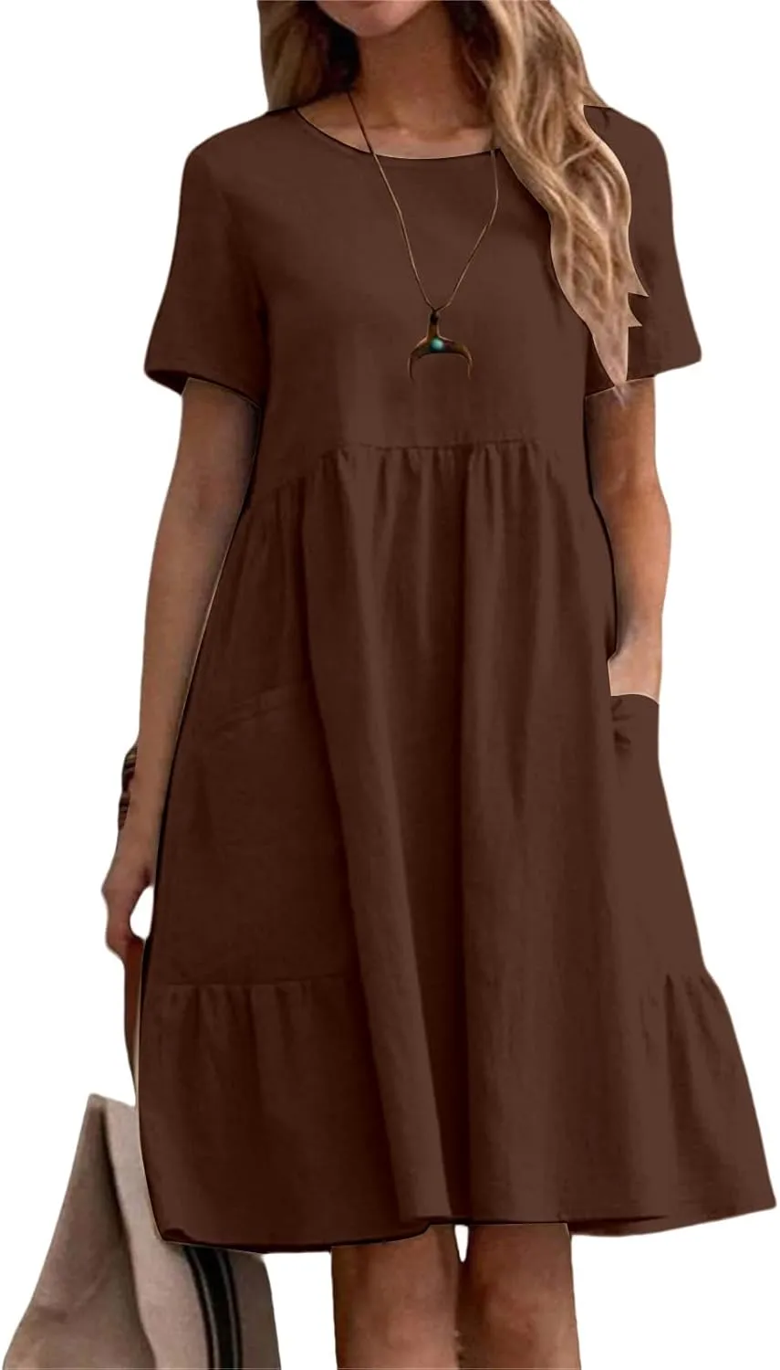 Womens Linen Dress Summer Crewneck Short Sleeve Dress Casual Loose Fit T Shirt Dresses Midi Dresses with Pocket 2025