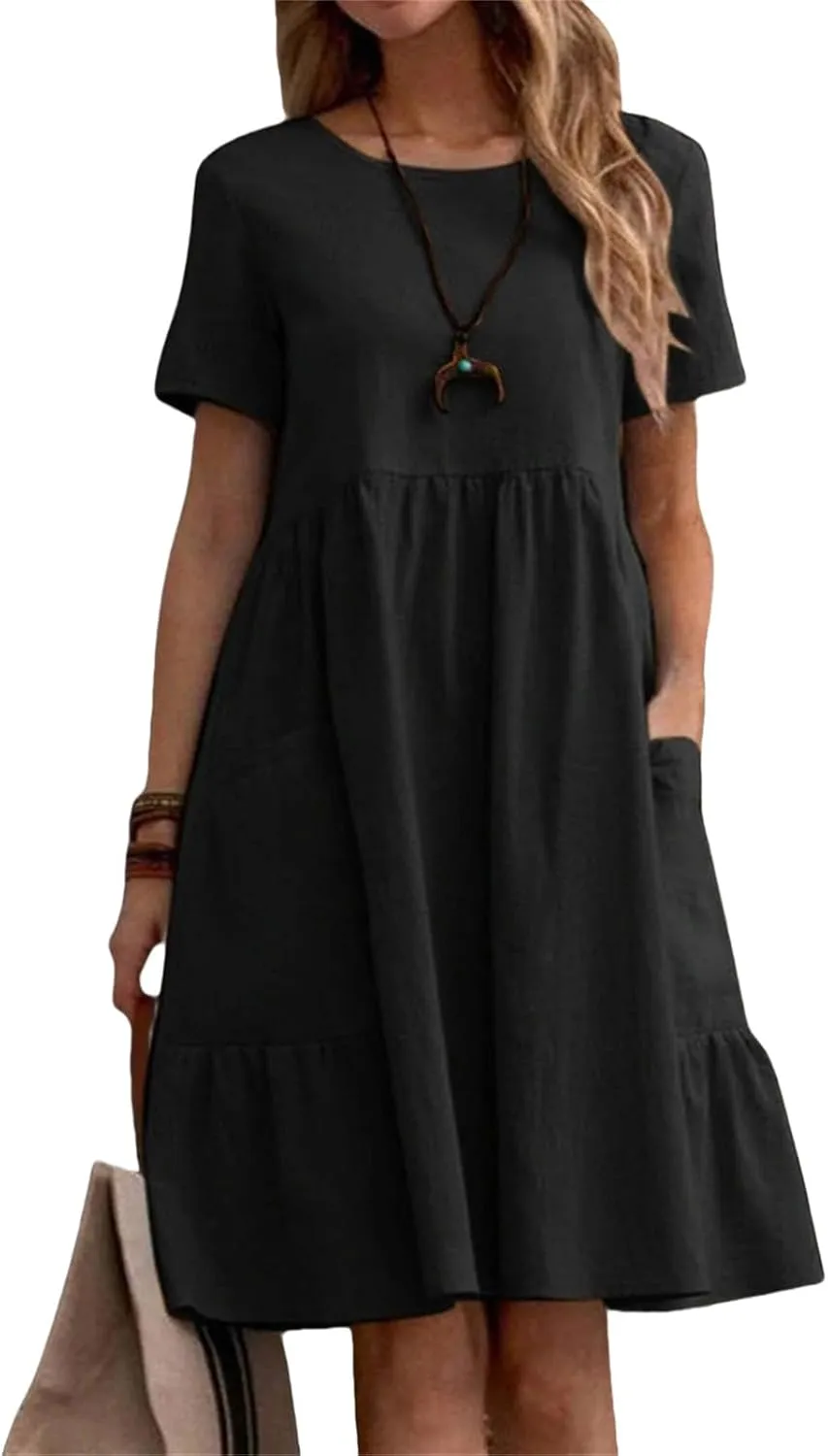 Womens Linen Dress Summer Crewneck Short Sleeve Dress Casual Loose Fit T Shirt Dresses Midi Dresses with Pocket 2025