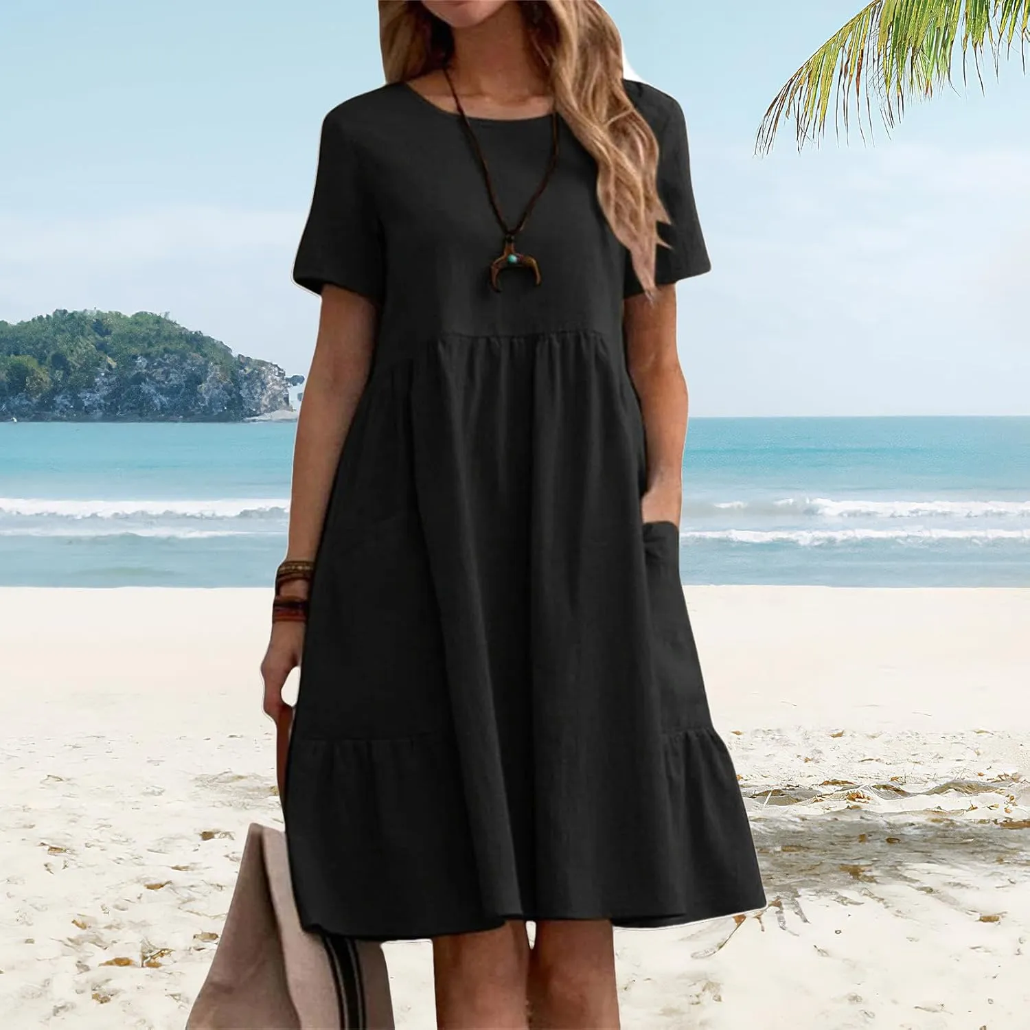 Womens Linen Dress Summer Crewneck Short Sleeve Dress Casual Loose Fit T Shirt Dresses Midi Dresses with Pocket 2025