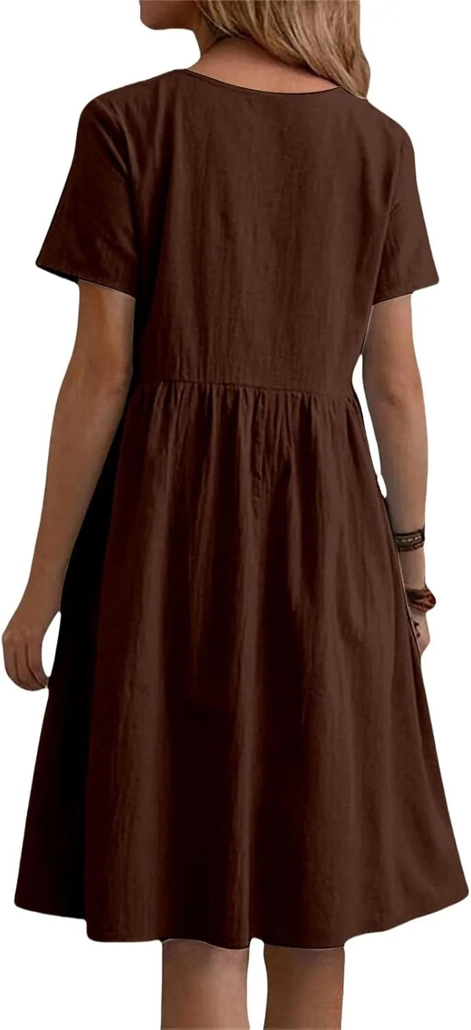 Womens Linen Dress Summer Crewneck Short Sleeve Dress Casual Loose Fit T Shirt Dresses Midi Dresses with Pocket 2025