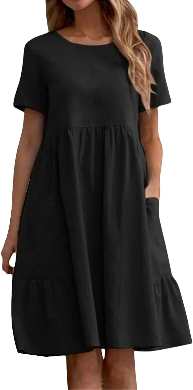 Womens Linen Dress Summer Crewneck Short Sleeve Dress Casual Loose Fit T Shirt Dresses Midi Dresses with Pocket 2025