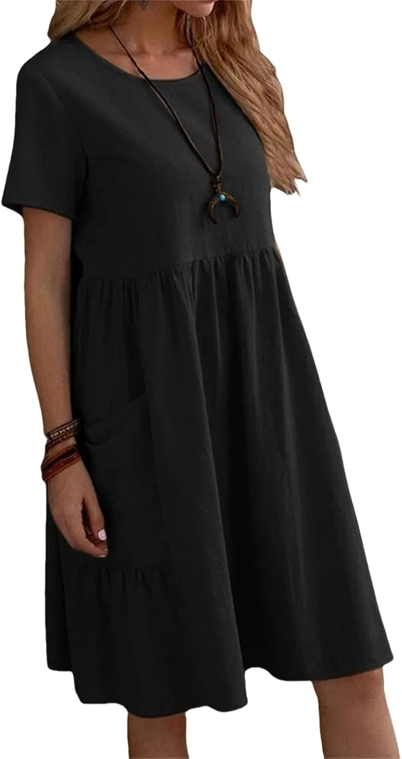 Womens Linen Dress Summer Crewneck Short Sleeve Dress Casual Loose Fit T Shirt Dresses Midi Dresses with Pocket 2025