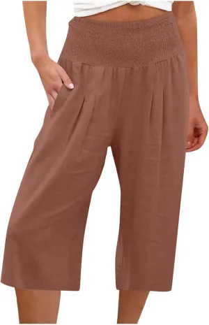 Womens Linen Palazzo Capri Pants Causal Summer Wide Leg Pants High Waist Loose Capris Boho Beach Travel Crop Trousers