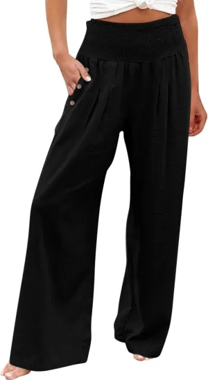 Women's Linen Palazzo Pants Casual Summer Smocked Waisted Wide Leg Pants Beach Vacation Lounge Trousers with Pockets