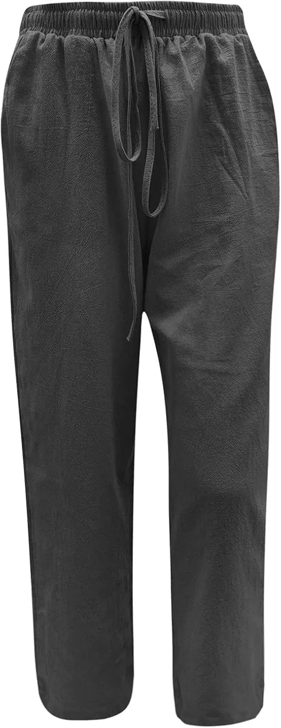 Womens Linen Pants Drawstring High Waist Casual Loose Fit Beach Pants Trendy Boho Straight Leg Trousers with Pockets