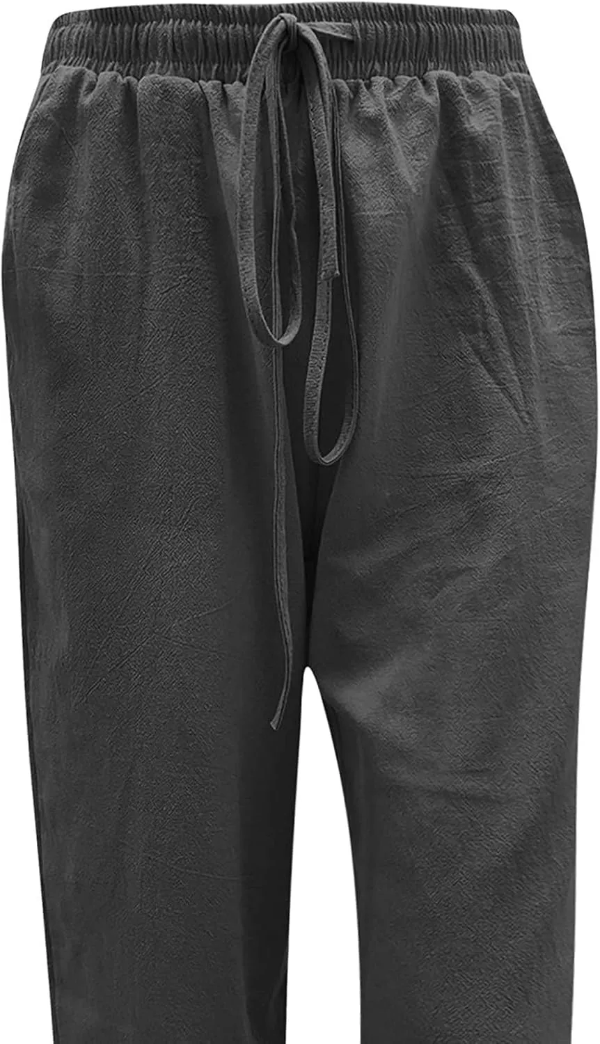 Womens Linen Pants Drawstring High Waist Casual Loose Fit Beach Pants Trendy Boho Straight Leg Trousers with Pockets