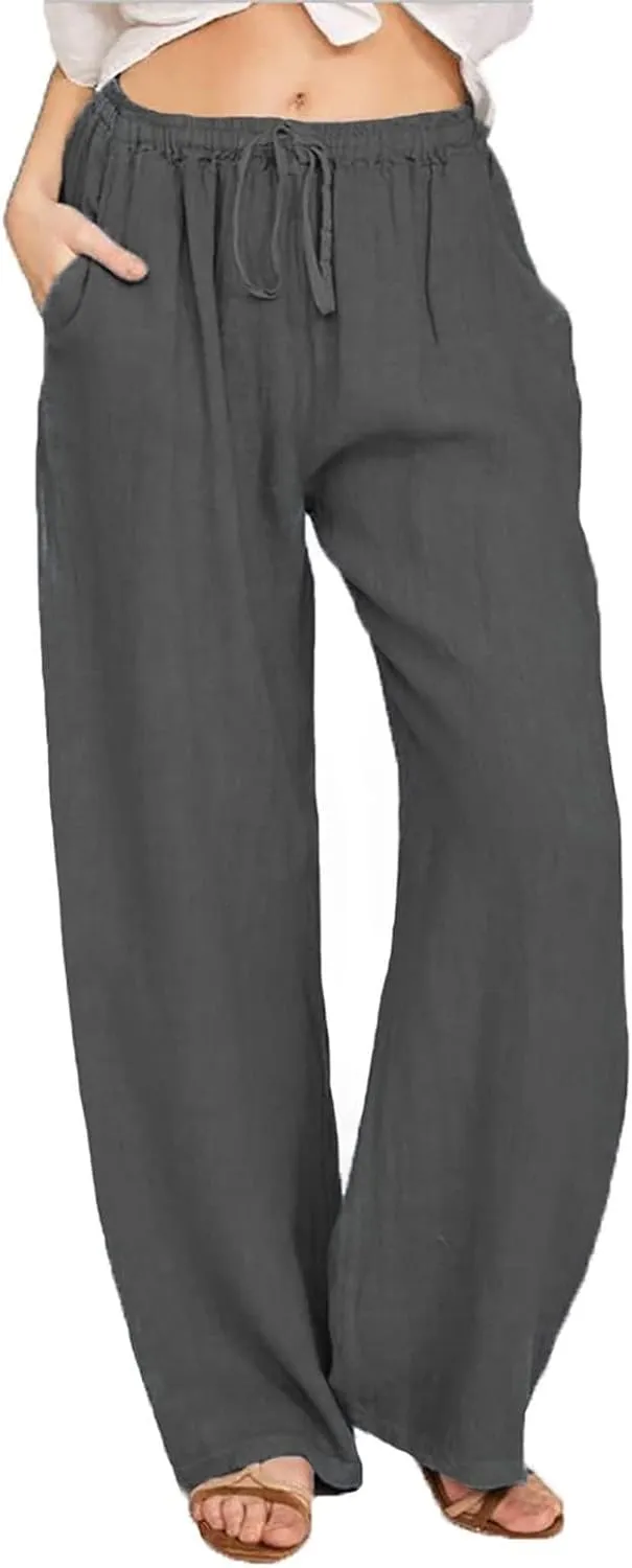 Womens Linen Pants Drawstring High Waist Casual Loose Fit Beach Pants Trendy Boho Straight Leg Trousers with Pockets