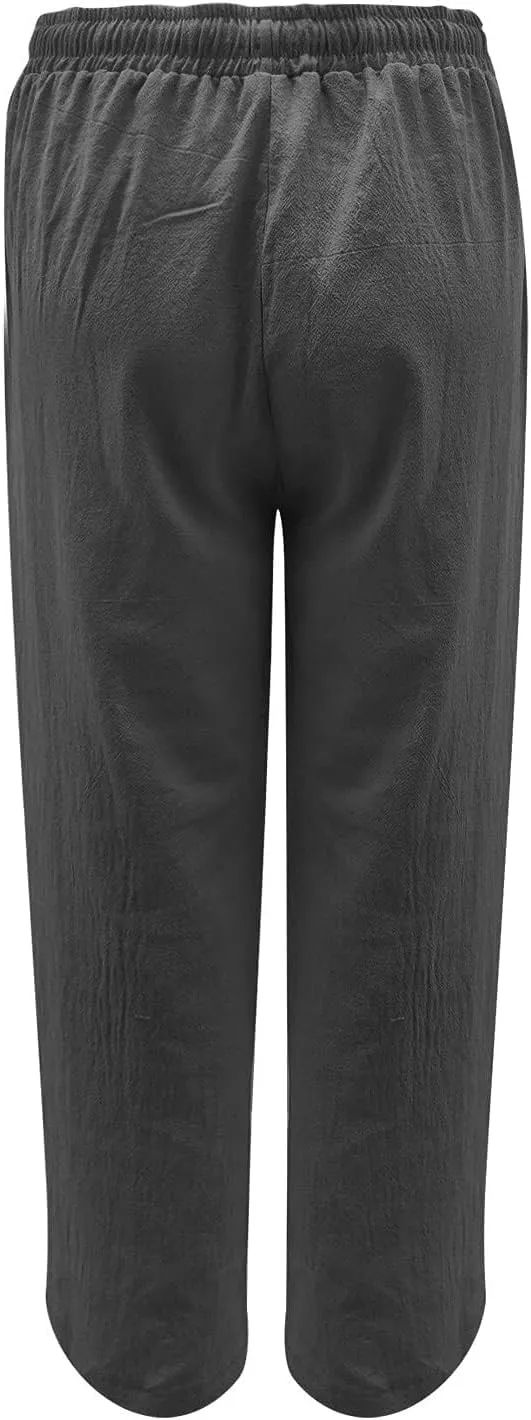 Womens Linen Pants Drawstring High Waist Casual Loose Fit Beach Pants Trendy Boho Straight Leg Trousers with Pockets