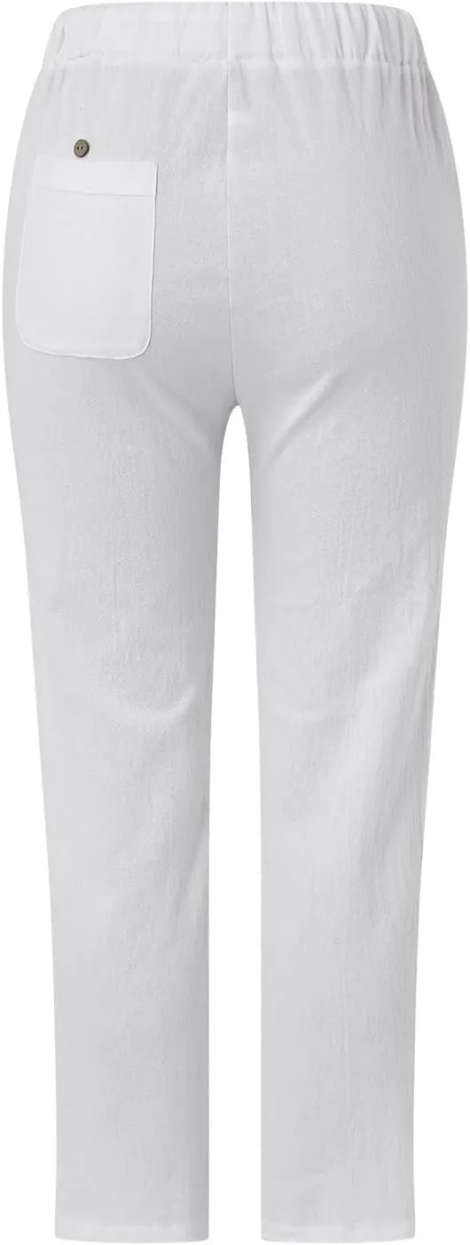 Womens Linen Pants Petite Length High Waisted Drawstring Summer Casual Beach Vacation Capri Pants with Pockets
