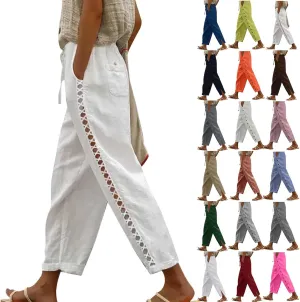 Womens Linen Pants Petite Length High Waisted Drawstring Summer Casual Beach Vacation Capri Pants with Pockets