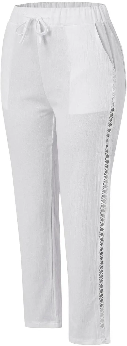 Womens Linen Pants Petite Length High Waisted Drawstring Summer Casual Beach Vacation Capri Pants with Pockets