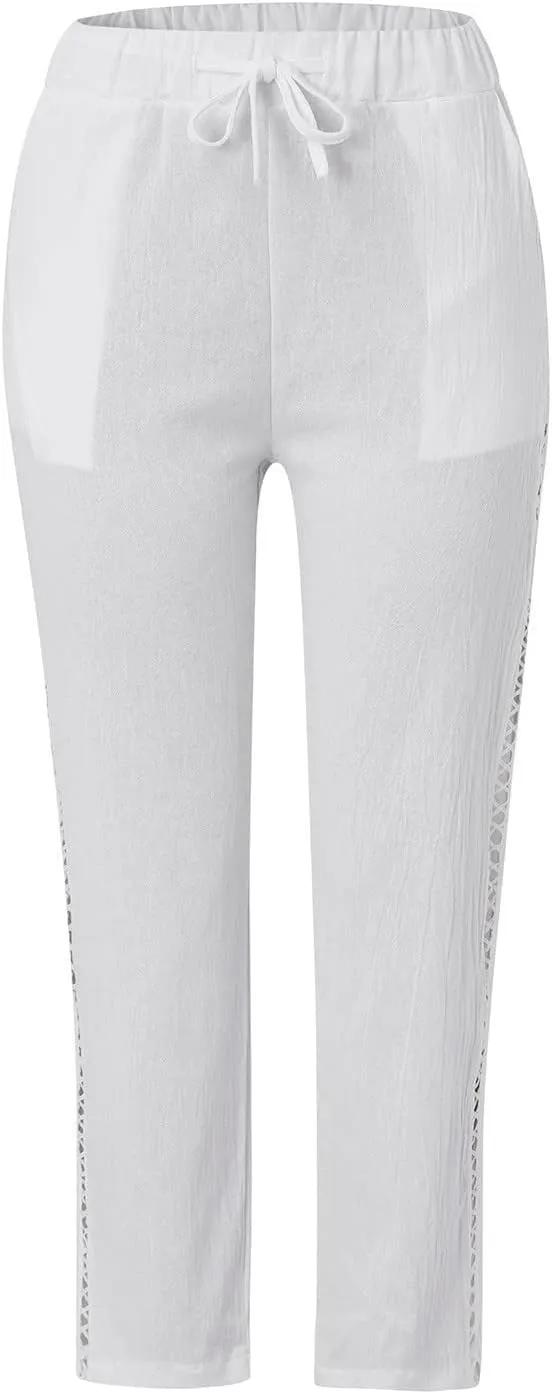 Womens Linen Pants Petite Length High Waisted Drawstring Summer Casual Beach Vacation Capri Pants with Pockets