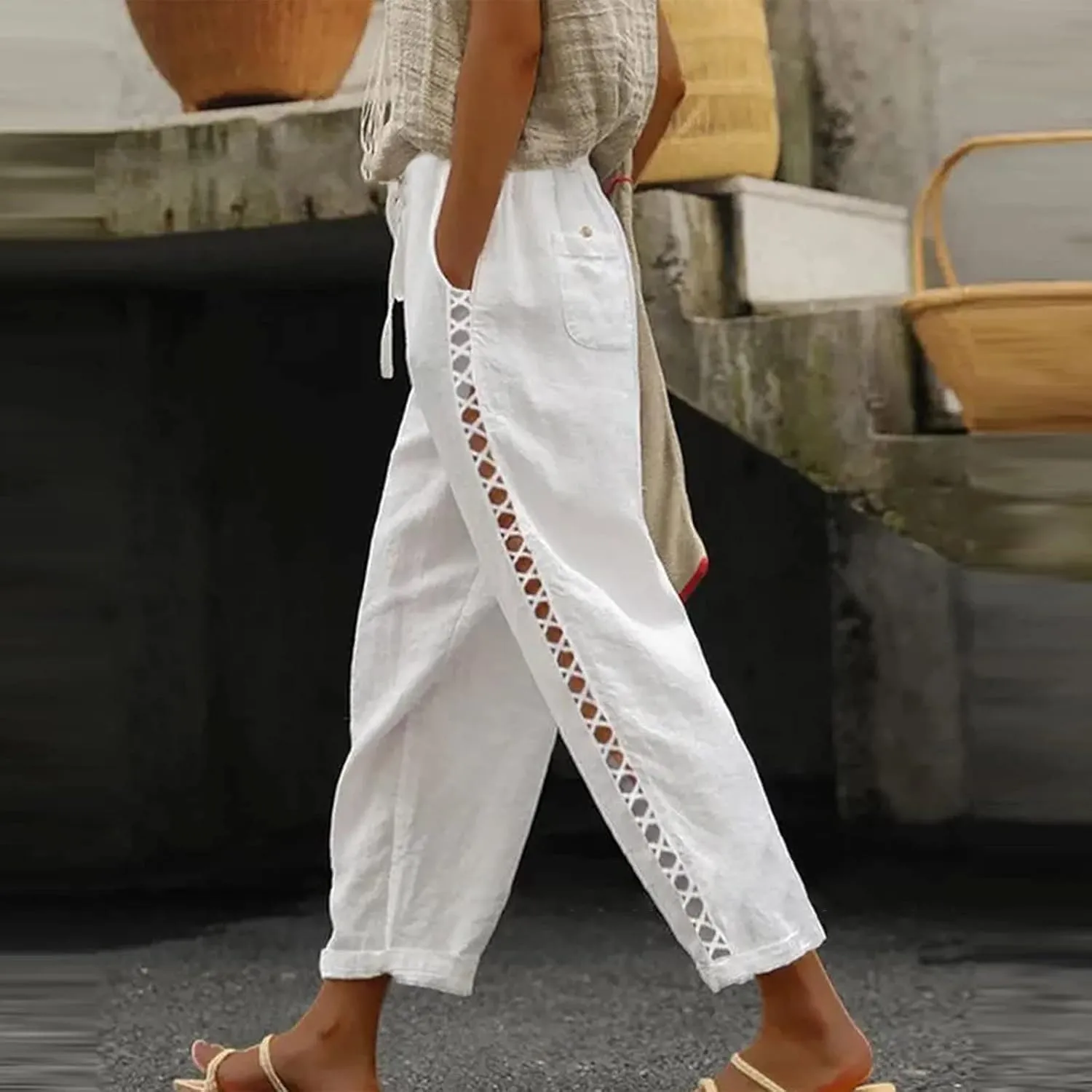Womens Linen Pants Petite Length High Waisted Drawstring Summer Casual Beach Vacation Capri Pants with Pockets