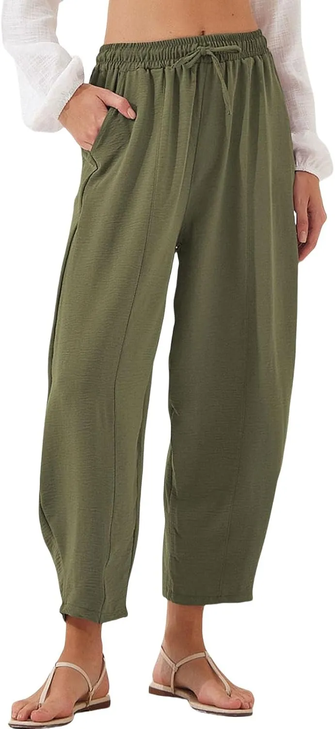 Womens Linen Wide Leg Pants Summer High Waisted Drawstring Elastic Travel Vacation Harem Trousers with Pockets
