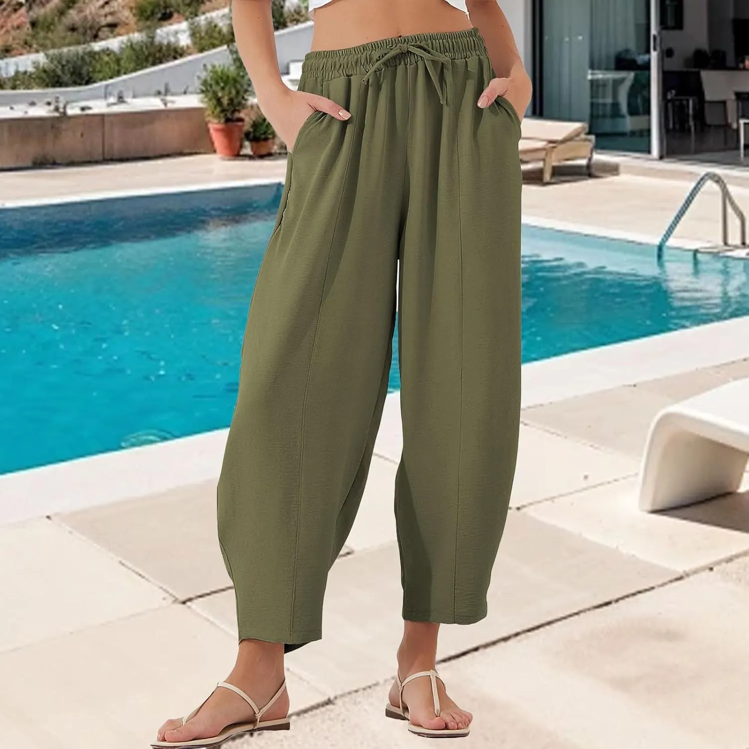 Womens Linen Wide Leg Pants Summer High Waisted Drawstring Elastic Travel Vacation Harem Trousers with Pockets