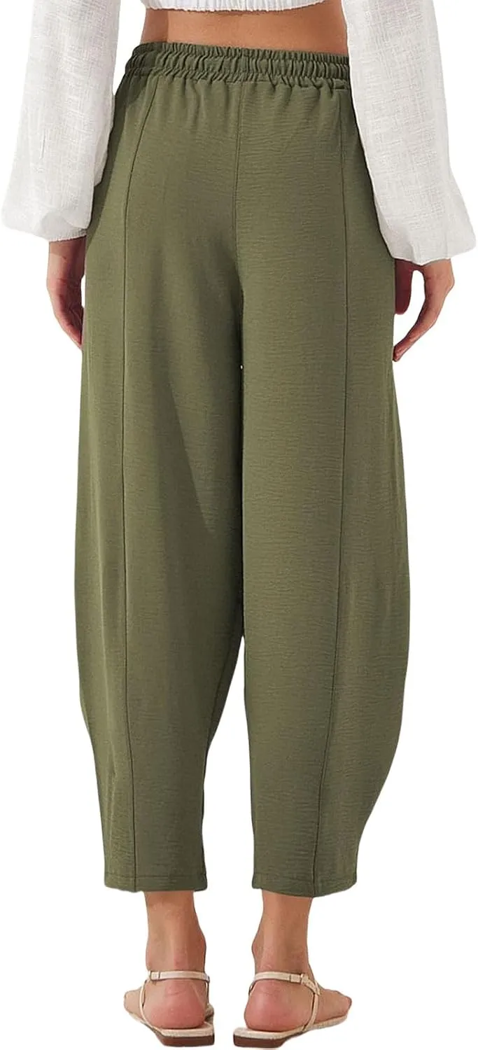 Womens Linen Wide Leg Pants Summer High Waisted Drawstring Elastic Travel Vacation Harem Trousers with Pockets
